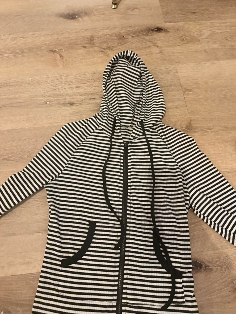 SHEIN Black and White Striped Hooded Zip-Up